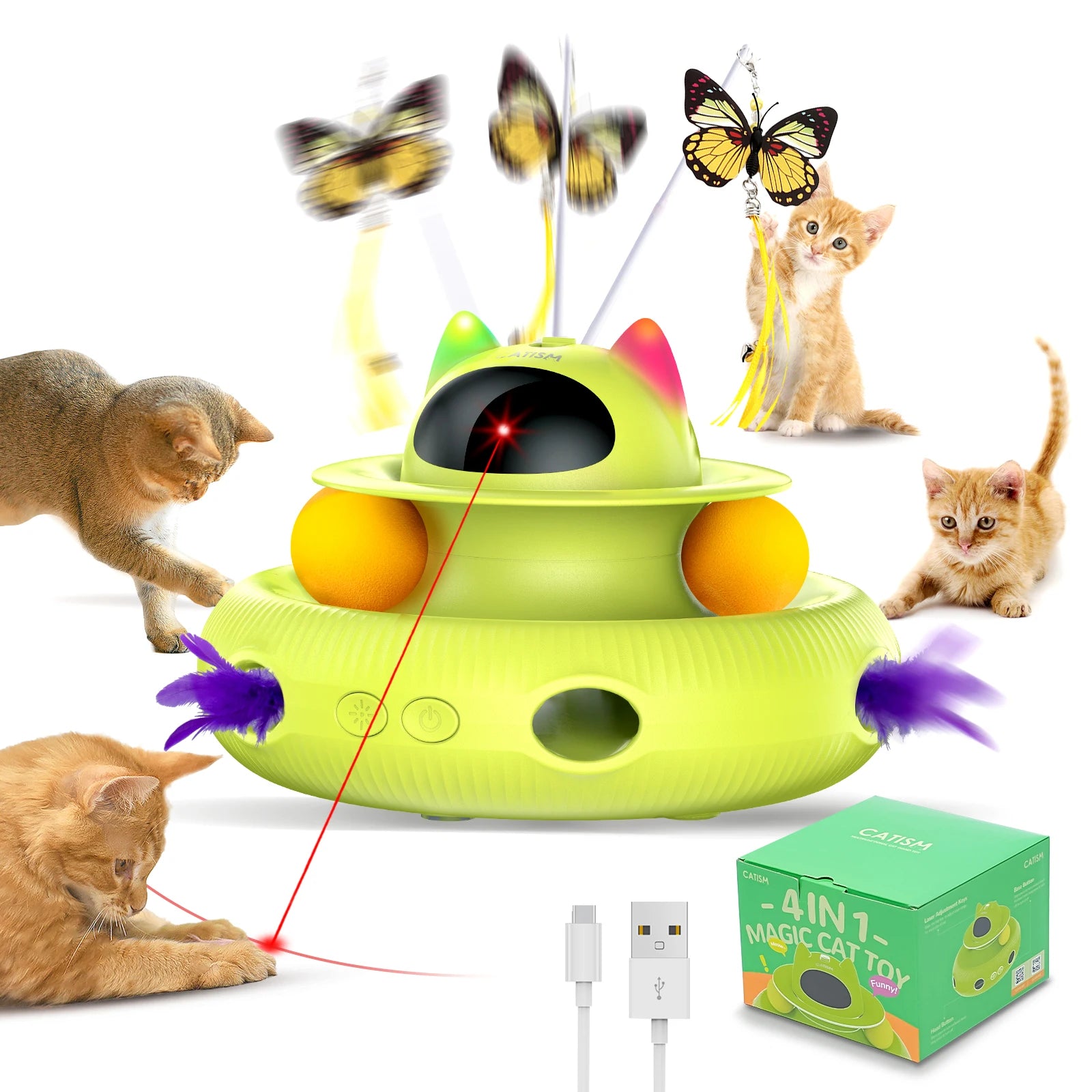 CATISM Magic Box Cat Toy – Upgraded Interactive Teaser with Feather, Butterfly & Ball for Indoor Cats