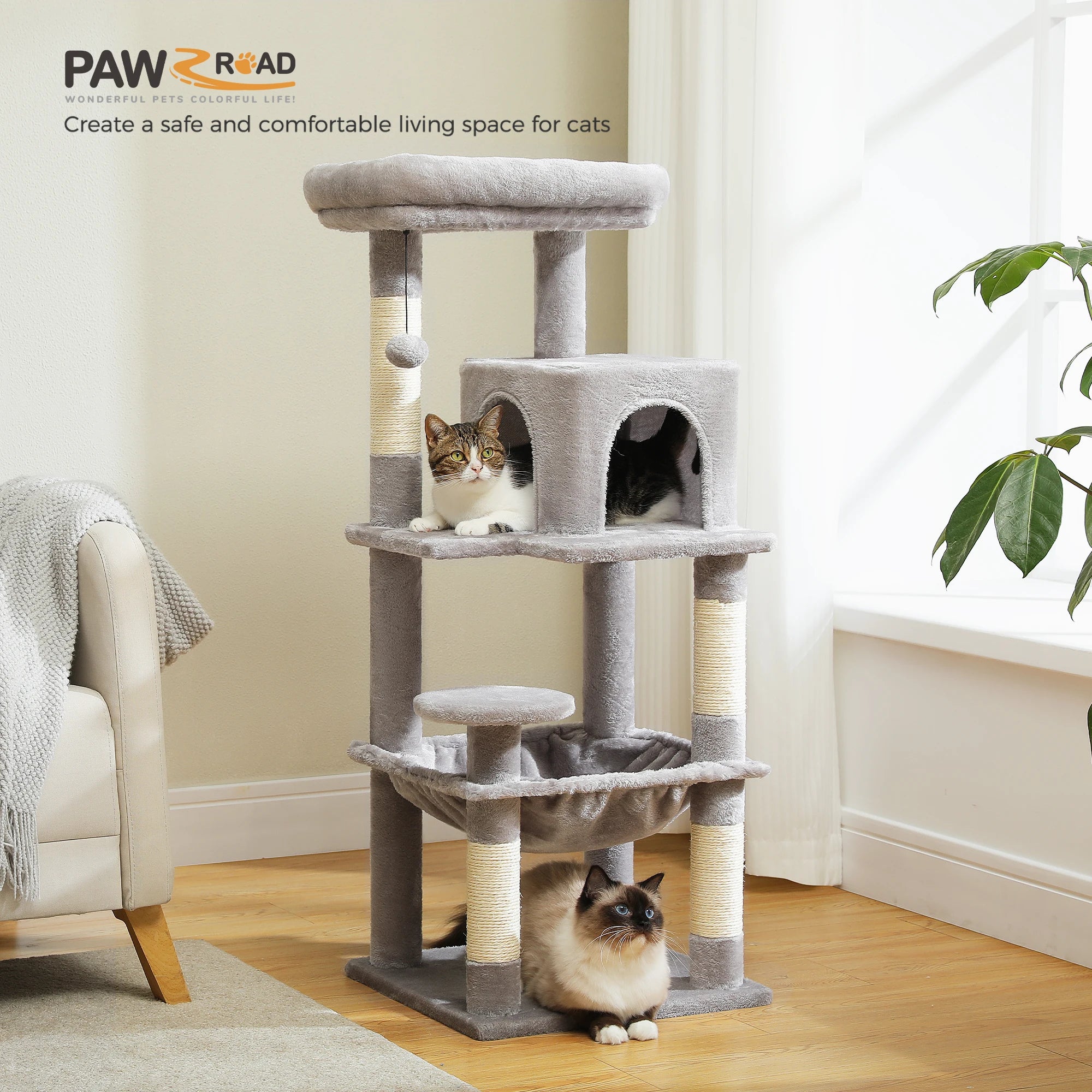 Adjustable Floor-to-Ceiling Cat Tree Tower – Tall Indoor Cat Furniture with Hammock, Cozy Condo & Sisal Scratching Posts