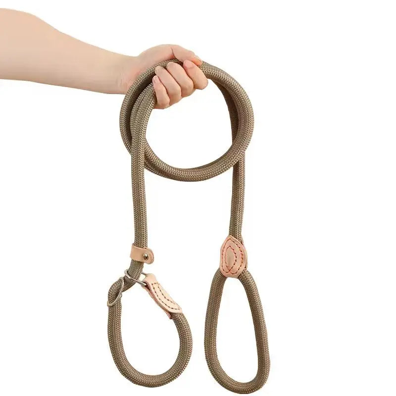 No-Pull Rope Slip Collar – P-Shaped Dog Training Leash with Durable Leather Joints & Adjustable Metal Buckle