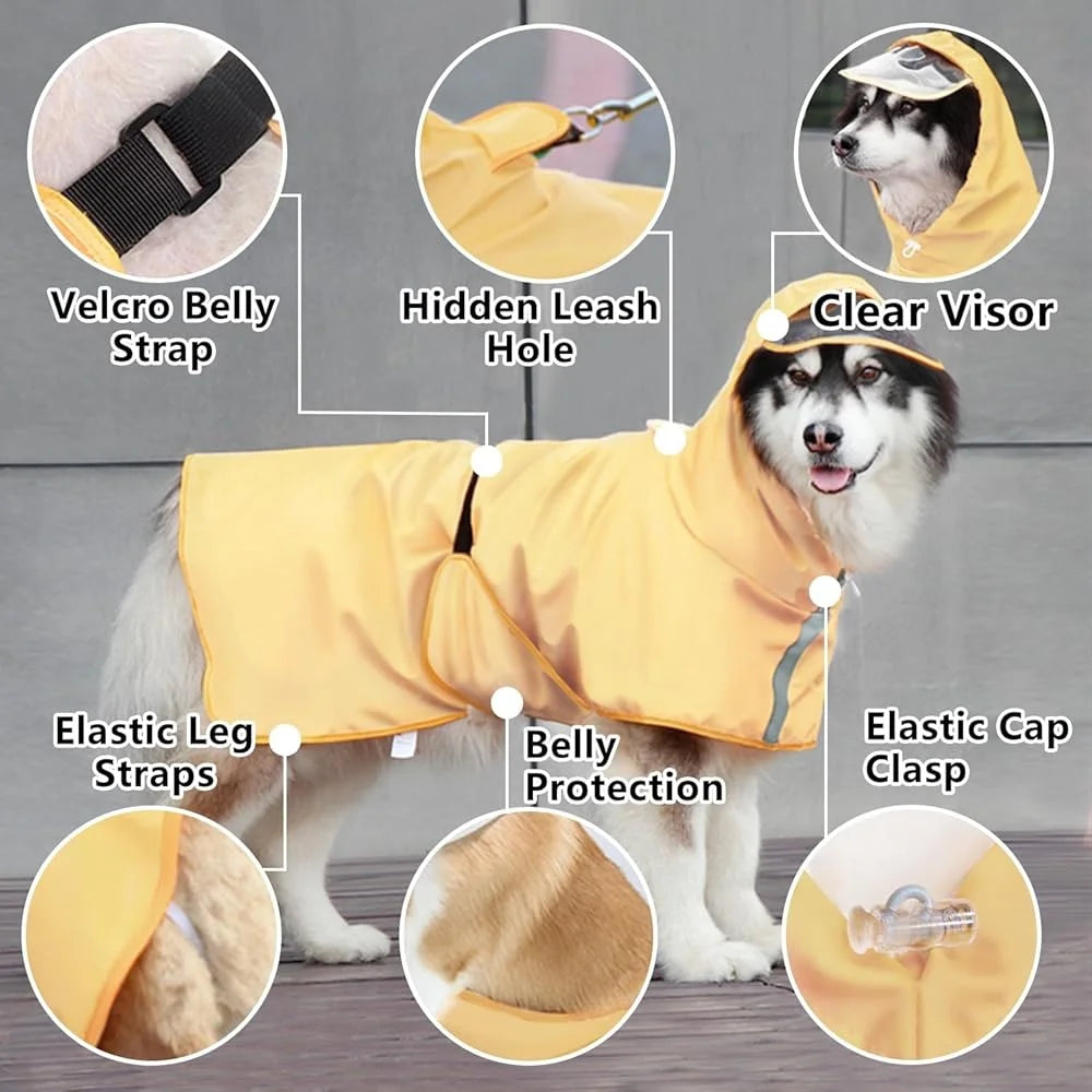 Dog Raincoat with Hood – Lightweight Waterproof Pet Jacket with Reflective Stripes, Adjustable Belly Strap & Leash Hole