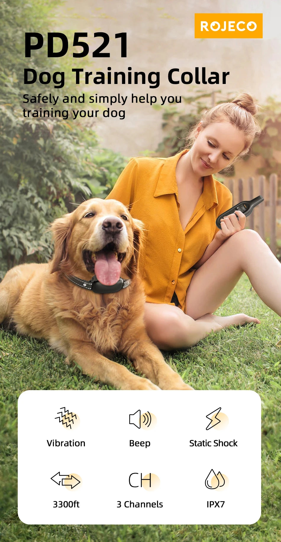 ROJECO Rechargeable Dog Training Collar – IPX7 Waterproof with Remote, Vibration & Shock Modes