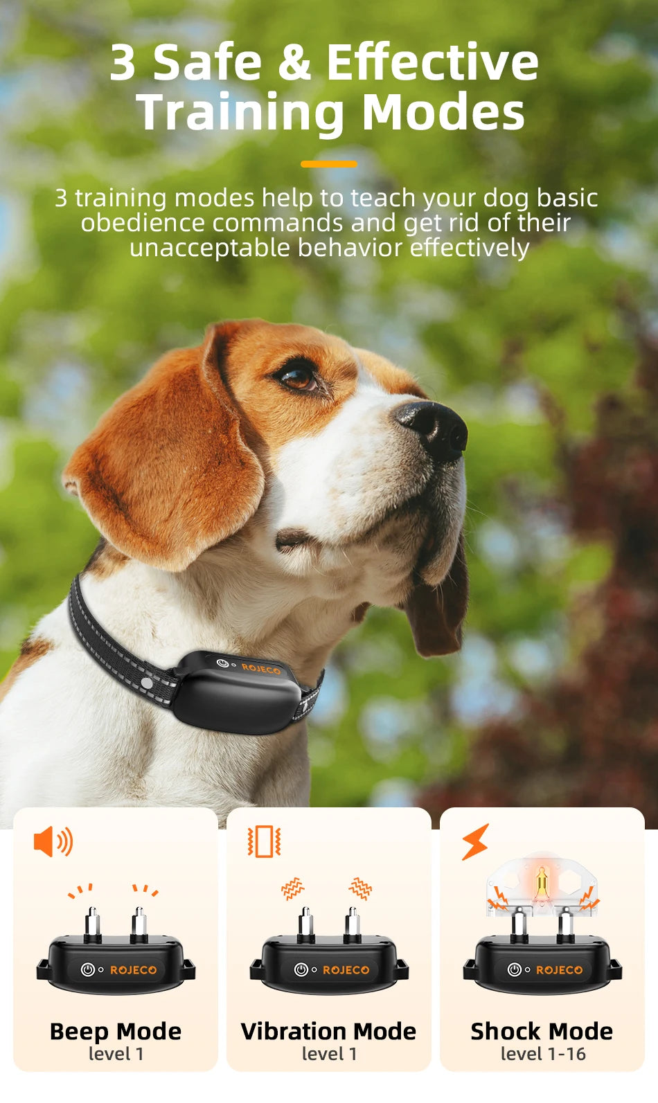 ROJECO Rechargeable Dog Training Collar – IPX7 Waterproof with Remote, Vibration & Shock Modes
