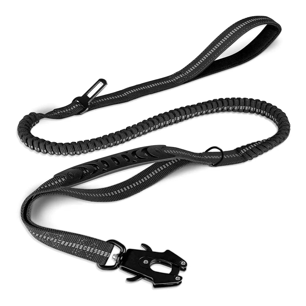 Reflective Shock-Absorbing Tactical Bungee Dog Leash with Car Seatbelt Clip – Heavy Duty No-Pull Leash for Large Dogs