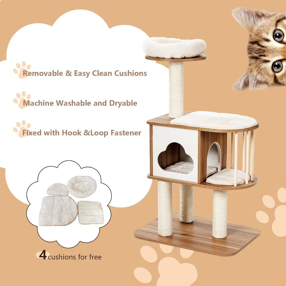 Modern Wood Cat Tree – Indoor Tower with Condo, Scratching Posts & Washable Cushions
