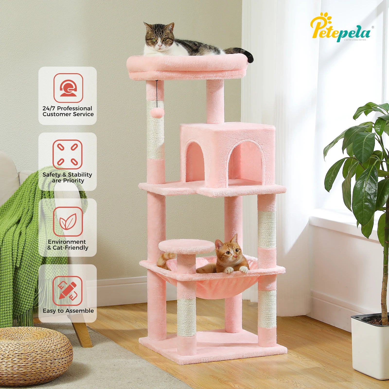 Adjustable Floor-to-Ceiling Cat Tree Tower – Tall Indoor Cat Furniture with Hammock, Cozy Condo & Sisal Scratching Posts