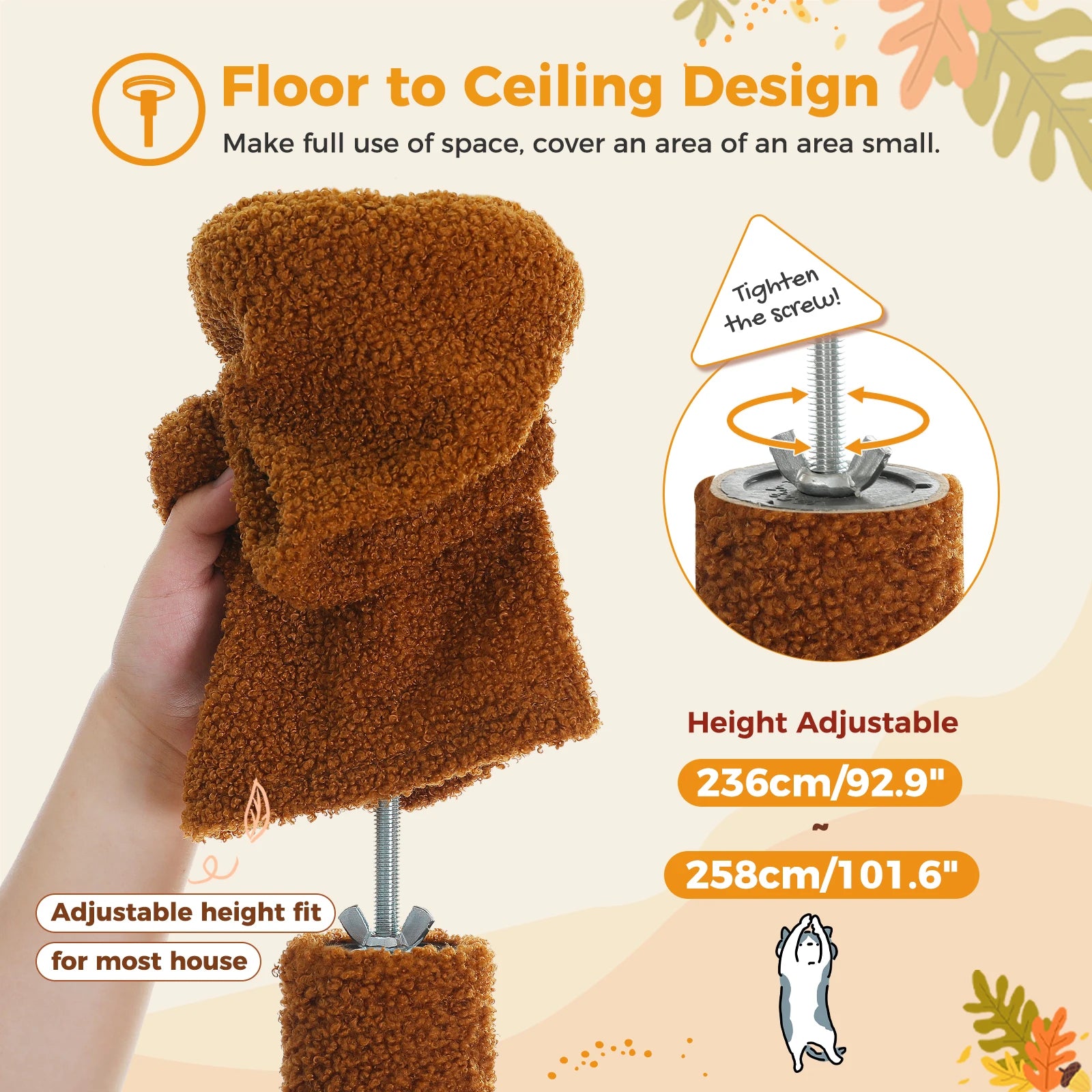 Adjustable Floor-to-Ceiling Cat Tree Tower – Tall Indoor Cat Furniture with Hammock, Cozy Condo & Sisal Scratching Posts