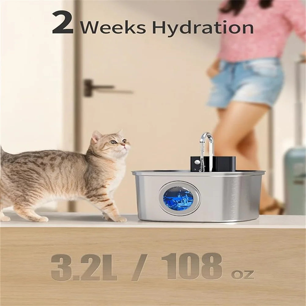 3.2L Stainless Steel Cat & Dog Water Fountain – USB Rechargeable Automatic Pet Drinking Bowl with Sensor