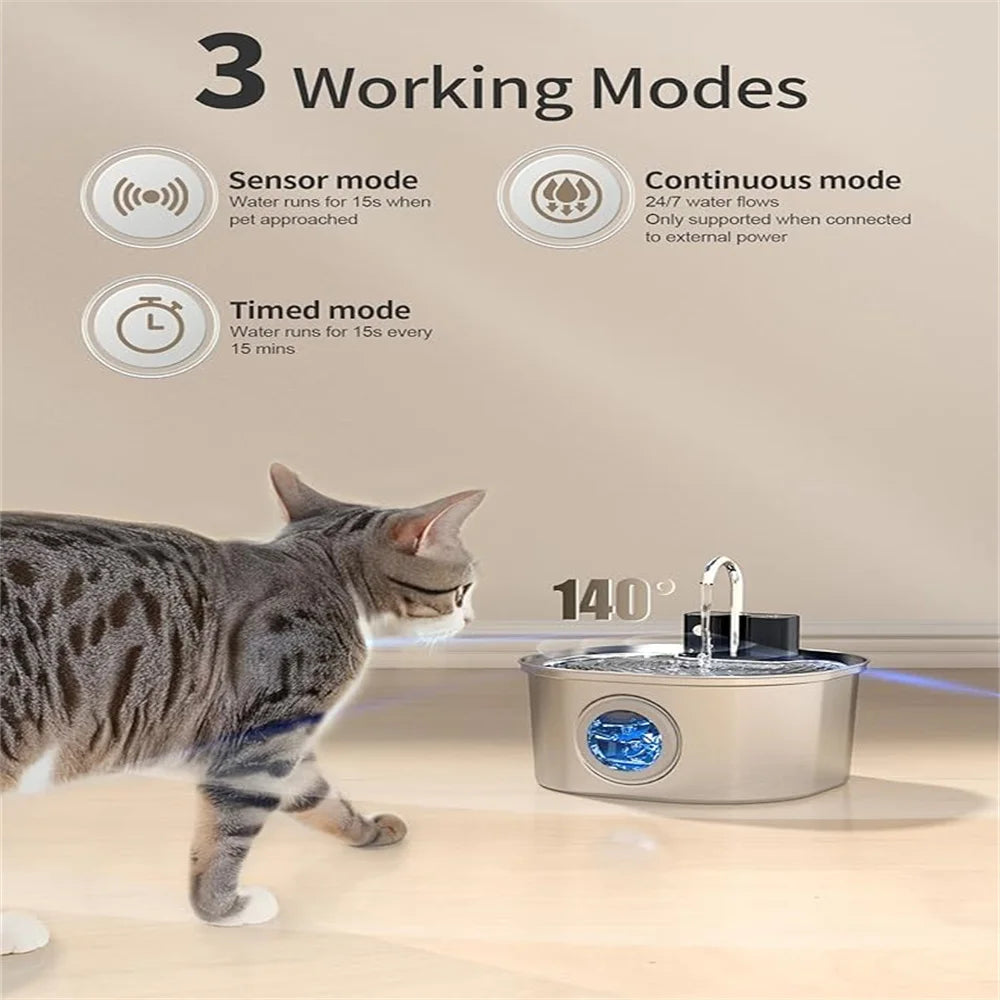 3.2L Stainless Steel Cat & Dog Water Fountain – USB Rechargeable Automatic Pet Drinking Bowl with Sensor