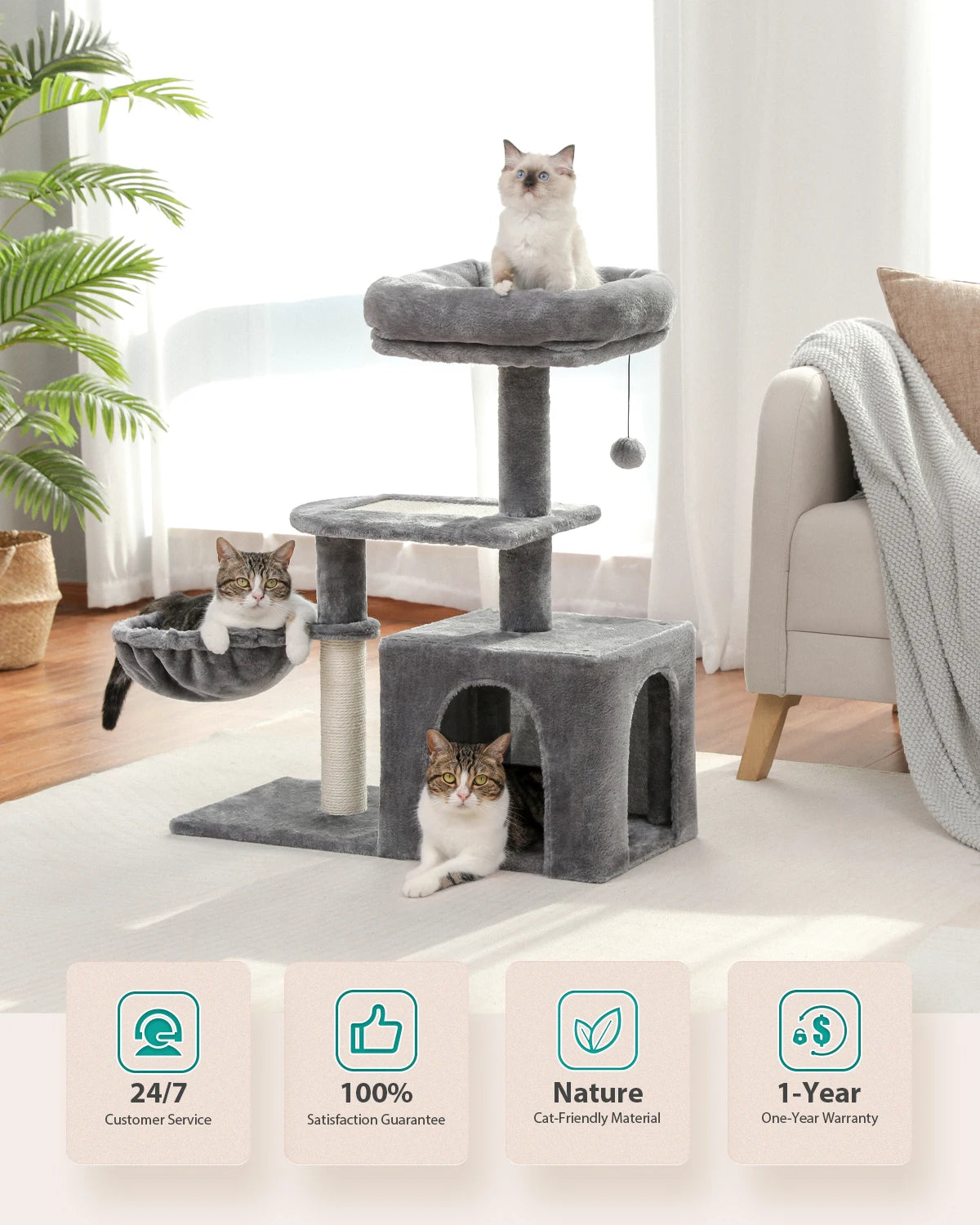 Cat Tree Tower for Indoor Cats – 2 Styles Cat Activity Center with Scratching Posts, Large Hammock & Removable Top Perch (Grey)