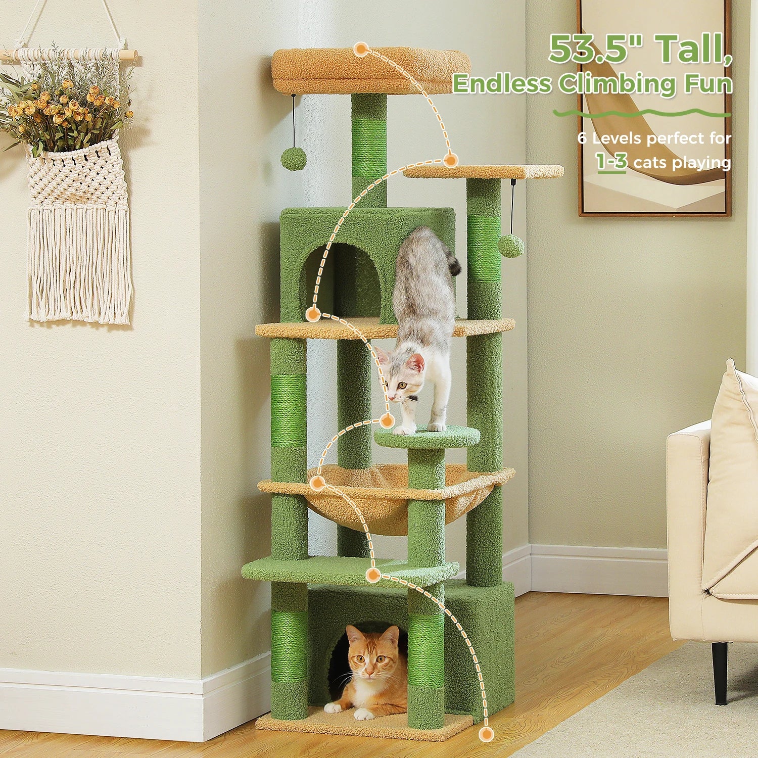 6-Level Multi-Cat Tree Tower with Dual Condos, Double Top Perches, Hammock & 5 Scratching Posts