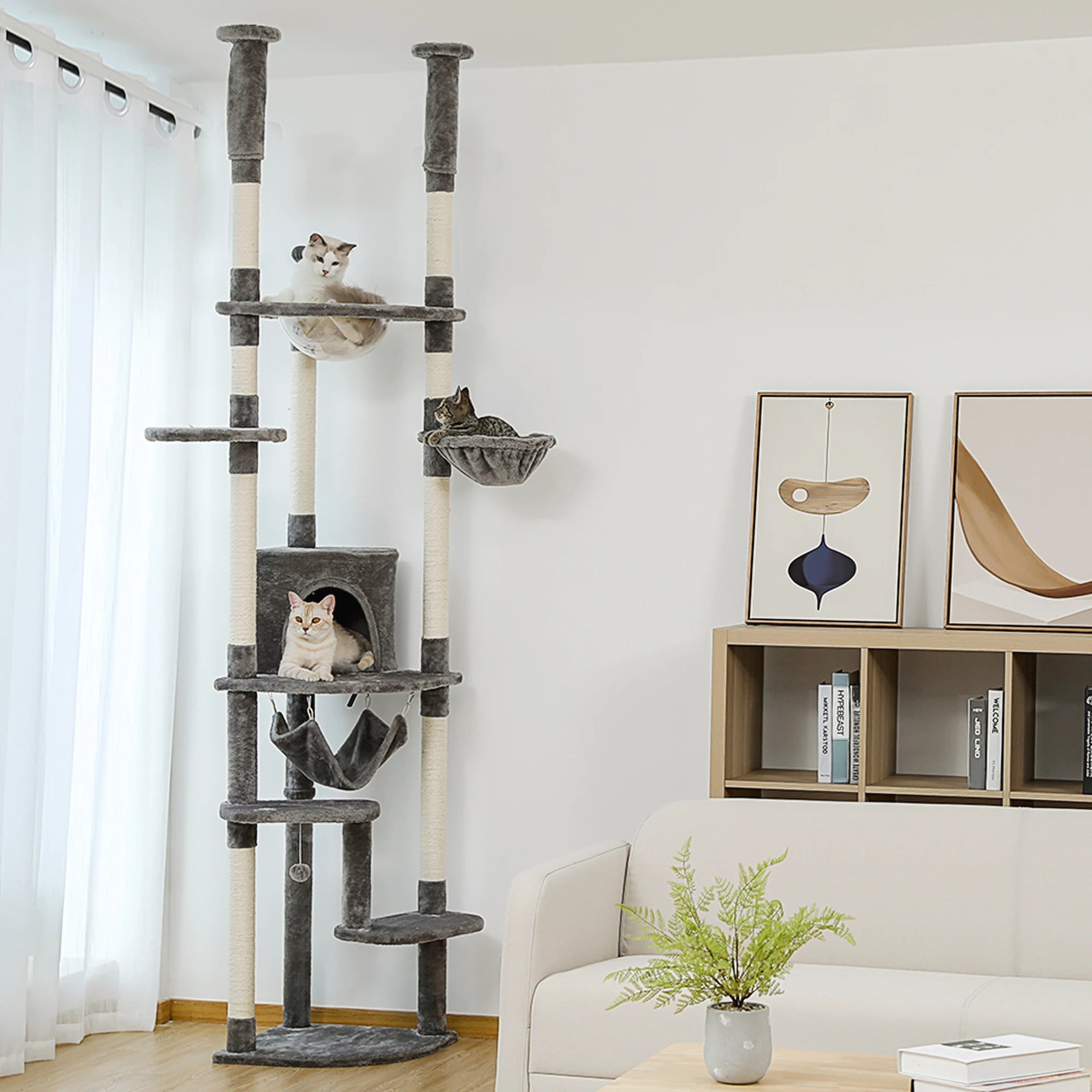 Adjustable Floor-to-Ceiling Cat Tree Tower – Tall Indoor Cat Furniture with Hammock, Cozy Condo & Sisal Scratching Posts