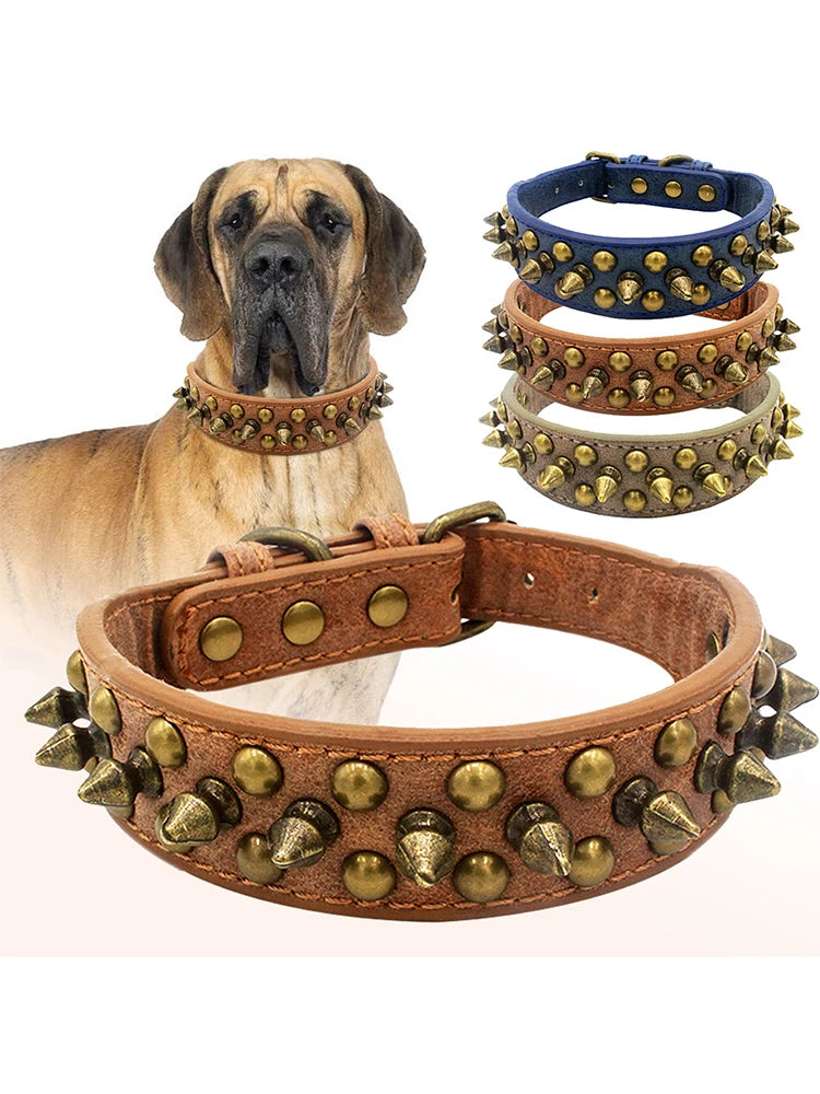 CP037-1 – Vintage Brass Rivet Dog Collar – Heavy-Duty Adjustable PU Leather Collar for Medium & Large Dogs