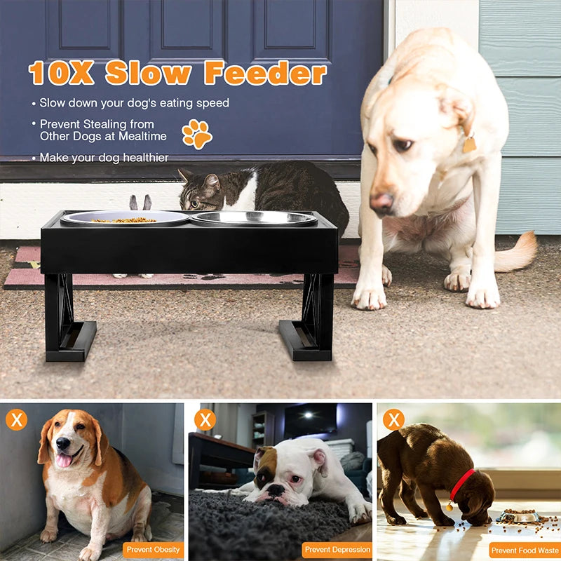 Double Elevated Dog Bowl Stand – 3 Heights Adjustable Slow Feeder for Medium & Large Dogs