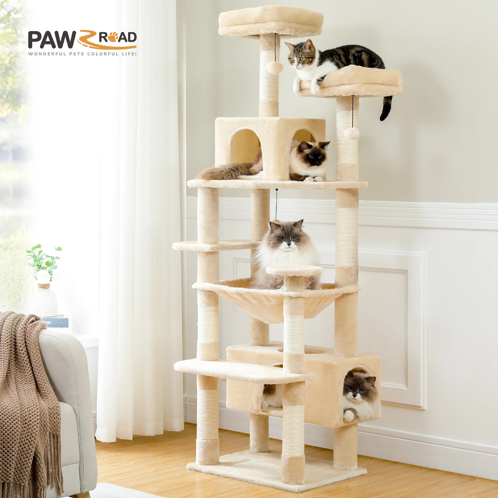 Large Multi-Level Cat Tree Tower – Tall Plush Indoor Cat Condo with Scratching Posts, Perches, Caves & Boards