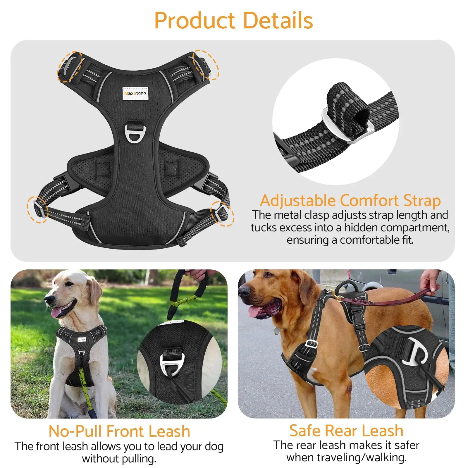 No-Pull Adjustable Dog Harness – Reflective Padded Vest with Dual Leash Clips for Large Dogs
