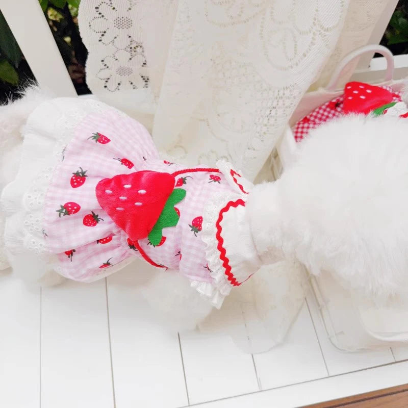 Strawberry Dog Dress – Cute Plaid Summer Outfit for Small Dogs & Cats