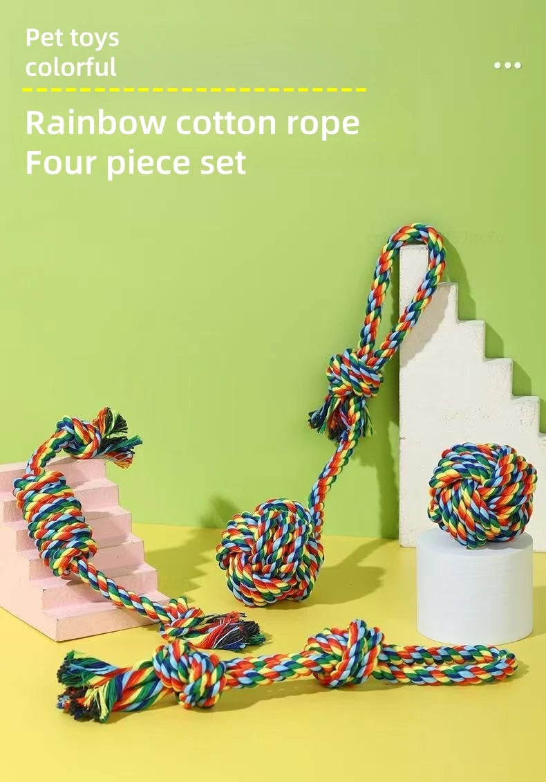4-Piece Pet Toy Set – Cotton Bite Rope Toys for Small Dogs & Cats, Durable Double Knot Chew Toys