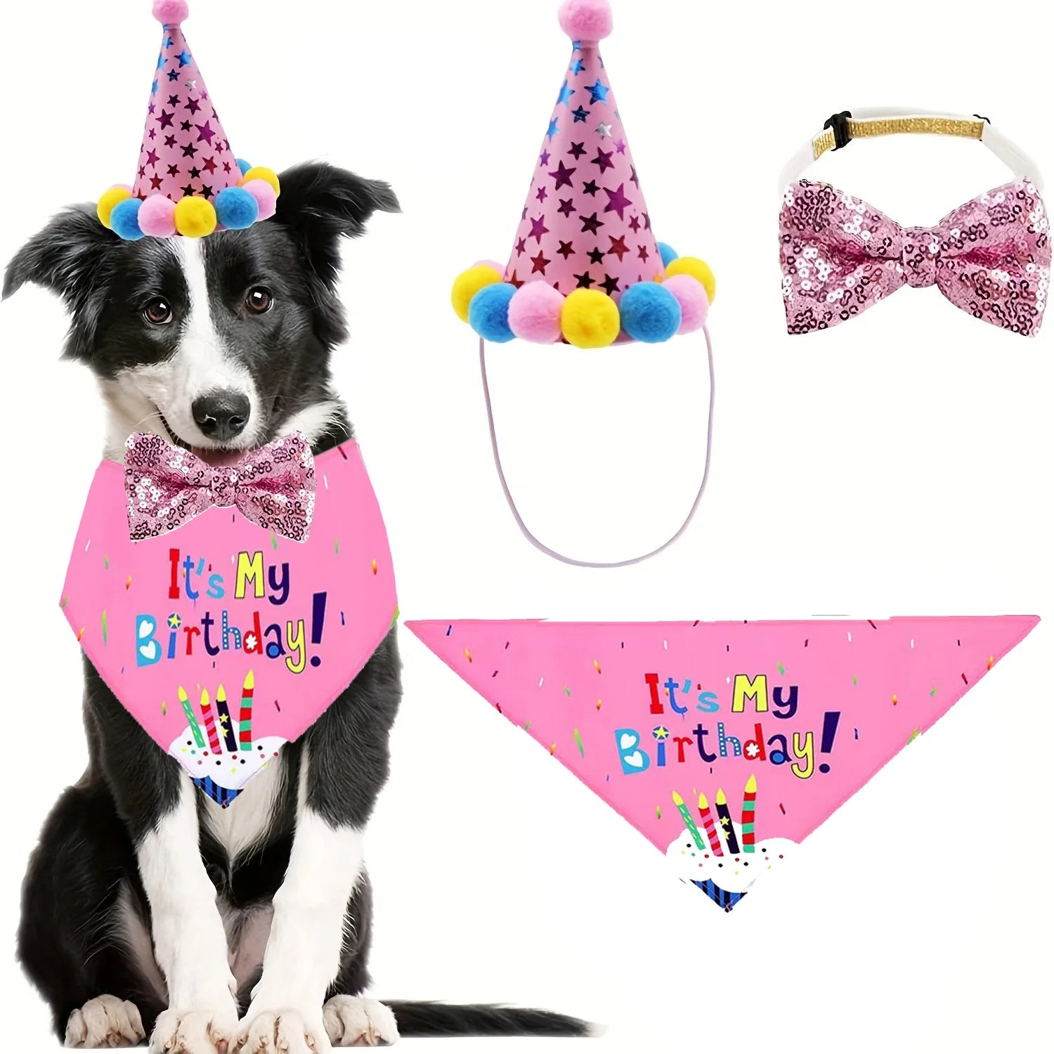 Dog Birthday Set – Hat, Scarf & Bow Tie Party Outfit for Small to Large Dogs