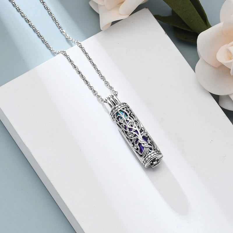 Tree of Life Cylinder Cremation Necklace – Memorial Ash Pendant for Men & Women