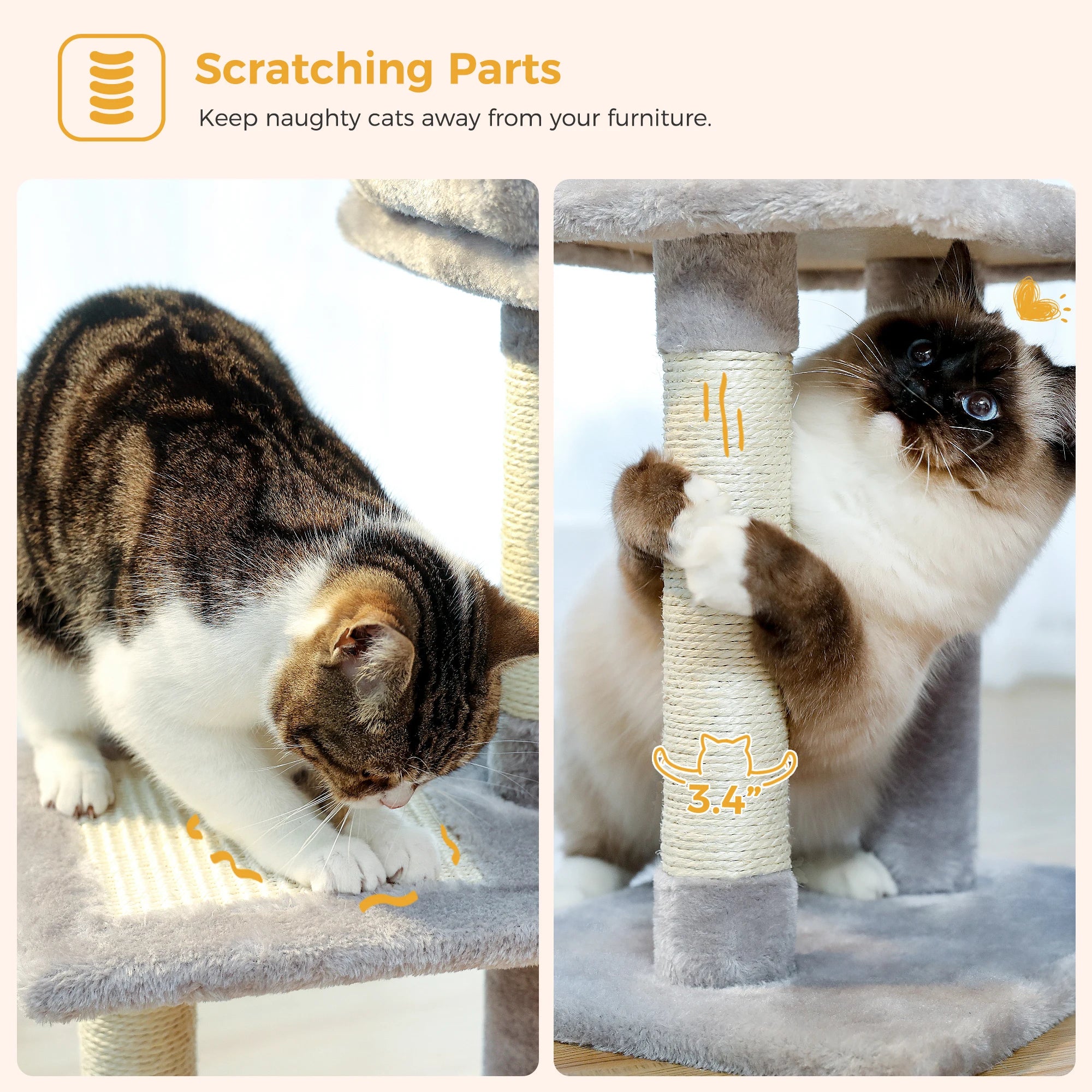 Cat Tree Tower for Indoor Cats – 2 Styles Cat Activity Center with Scratching Posts, Large Hammock & Removable Top Perch (Grey)