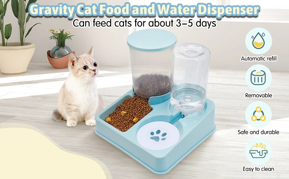Automatic Cat Feeder & Water Dispenser – 2-in-1 Gravity Pet Food and Waterer with Tilted Bowl Design