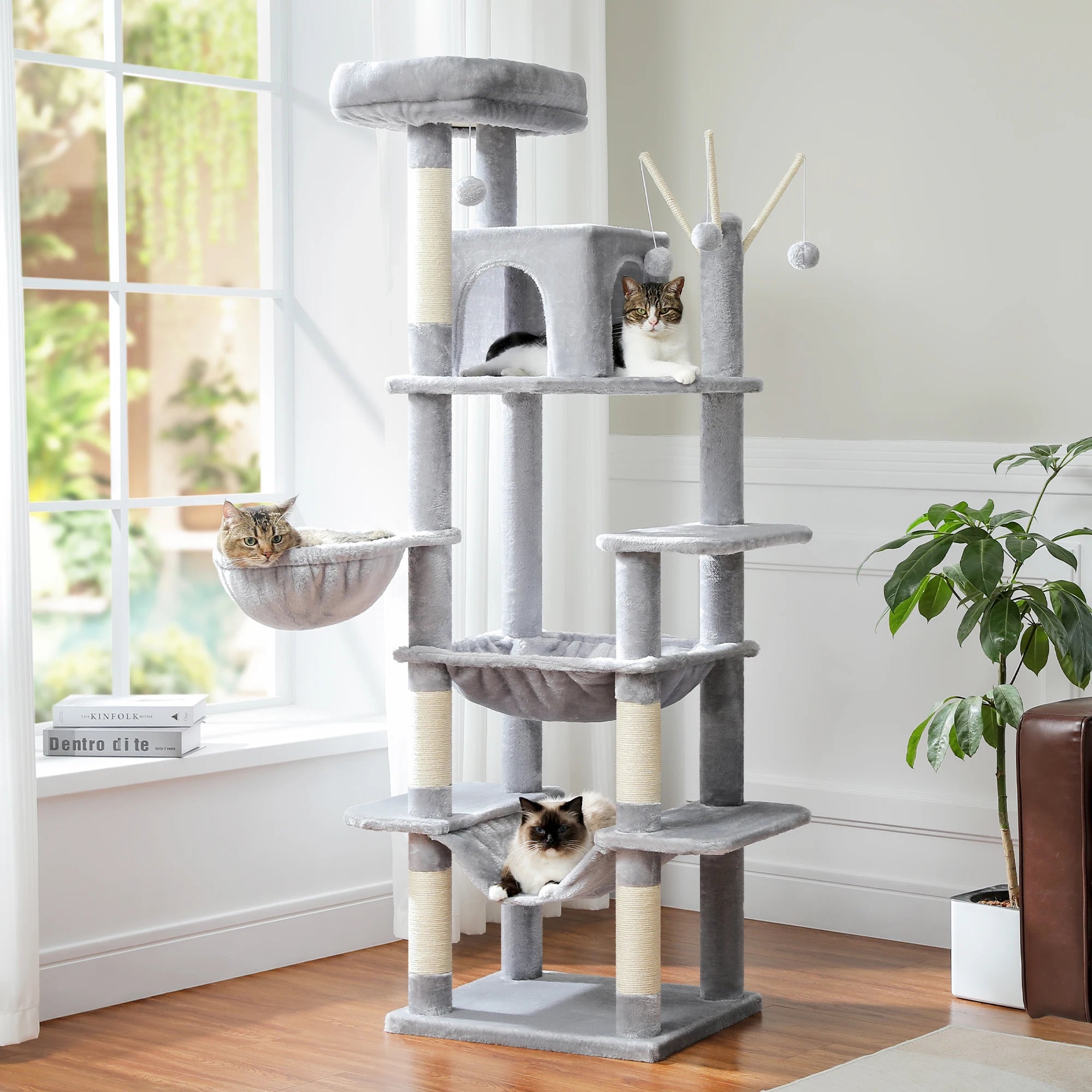Large Multi-Level Cat Tree Tower – Tall Plush Indoor Cat Condo with Scratching Posts, Perches, Caves & Boards