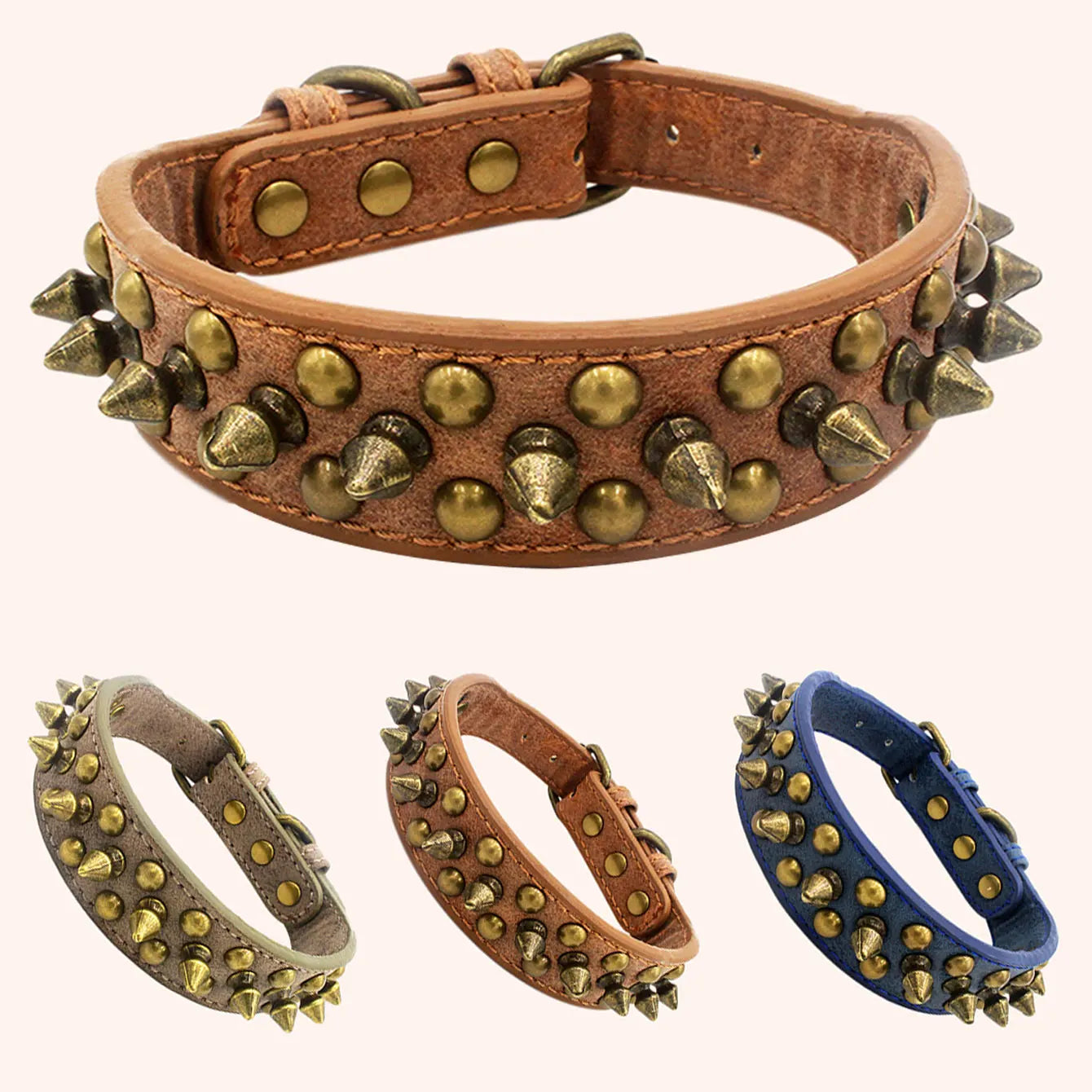 CP037-1 – Vintage Brass Rivet Dog Collar – Heavy-Duty Adjustable PU Leather Collar for Medium & Large Dogs