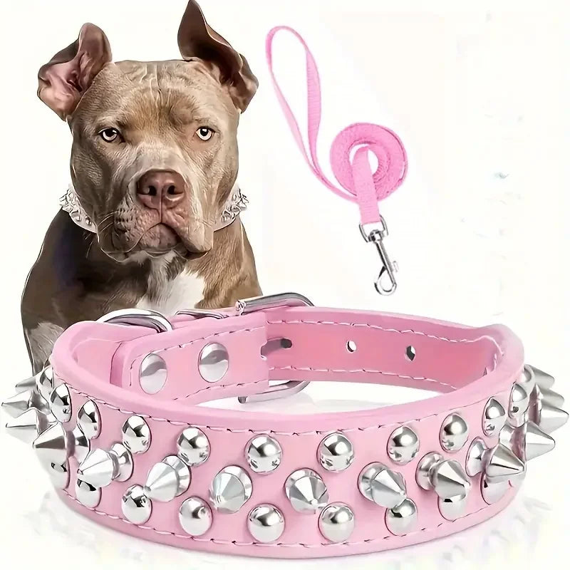 Spiked Dog Collar & Leash Set – Adjustable PU Leather Rivet Collar with Matching Leash for Outdoor Walking