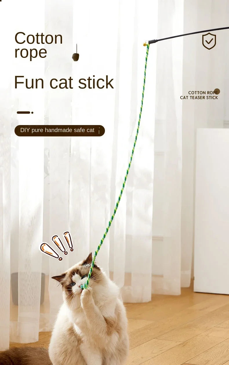 Feather Cat Teaser Wand Toy – Interactive Cat Toy with Satin Ribbon & Bell, Kitten Play Stick for Indoor Exercise