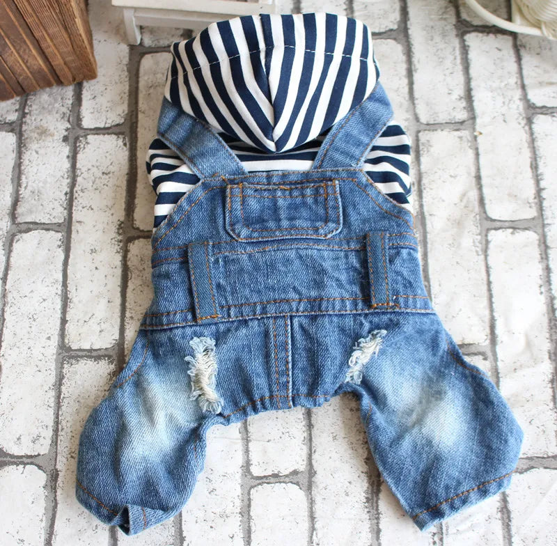 Pet Denim Jumpsuit – Dog Jeans Hoodie Jacket for Small & Medium Dogs, Vintage Blue Vest