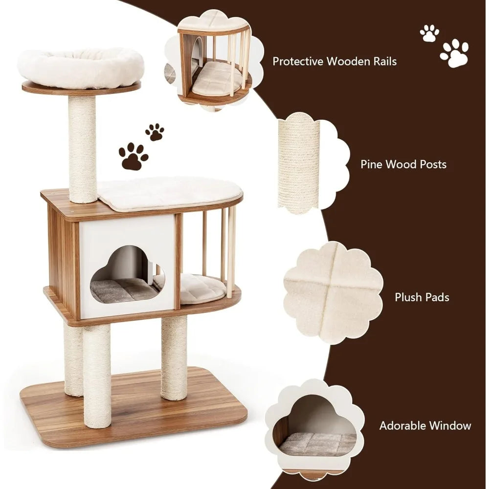 Modern Wood Cat Tree – Indoor Tower with Condo, Scratching Posts & Washable Cushions
