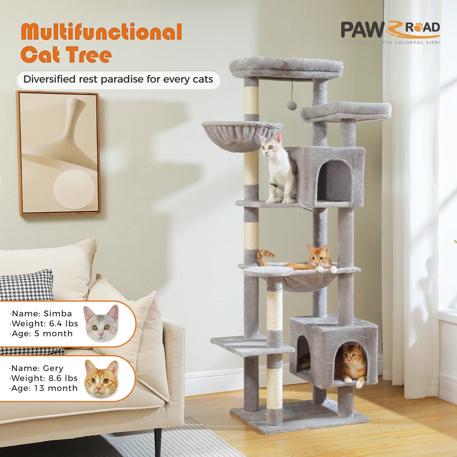 Large Multi-Level Cat Tree Tower – Tall Plush Indoor Cat Condo with Scratching Posts, Perches, Caves & Boards