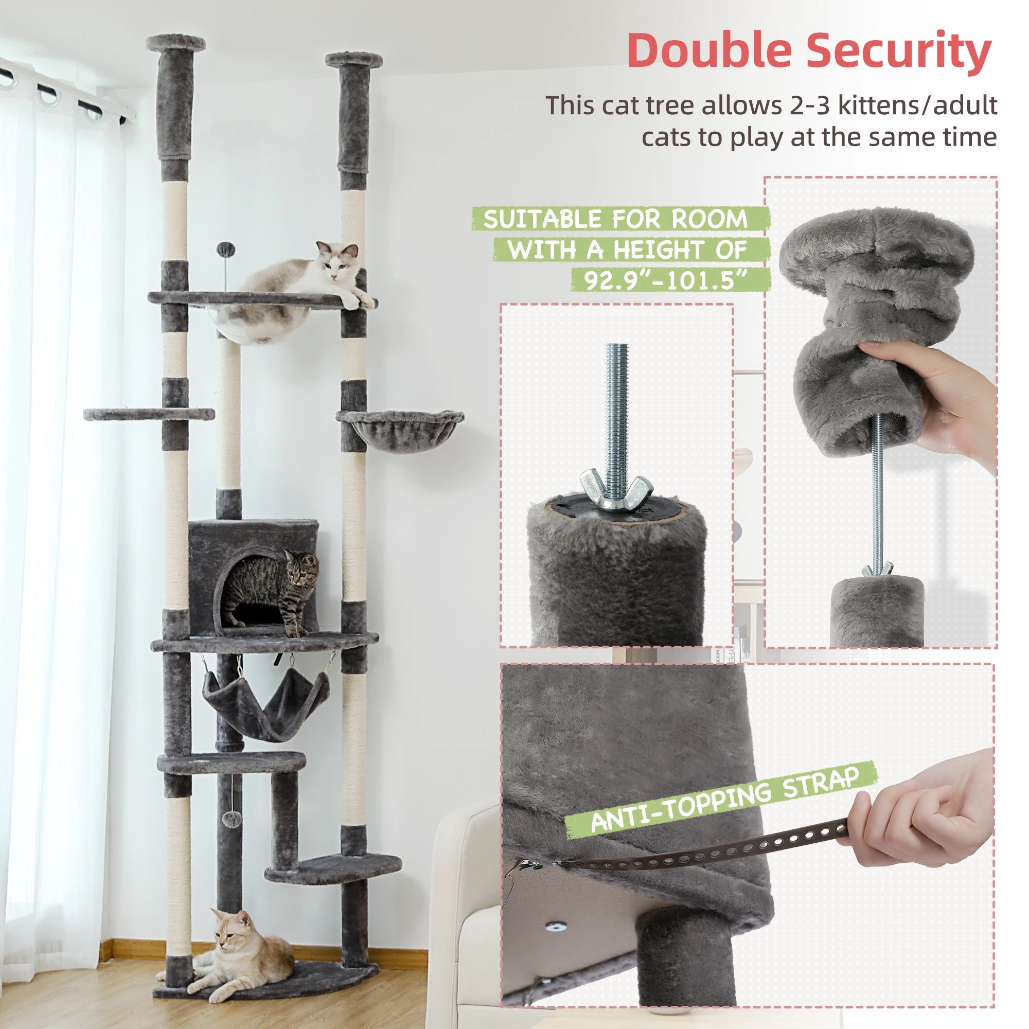 Adjustable Floor-to-Ceiling Cat Tree Tower – Tall Indoor Cat Furniture with Hammock, Cozy Condo & Sisal Scratching Posts