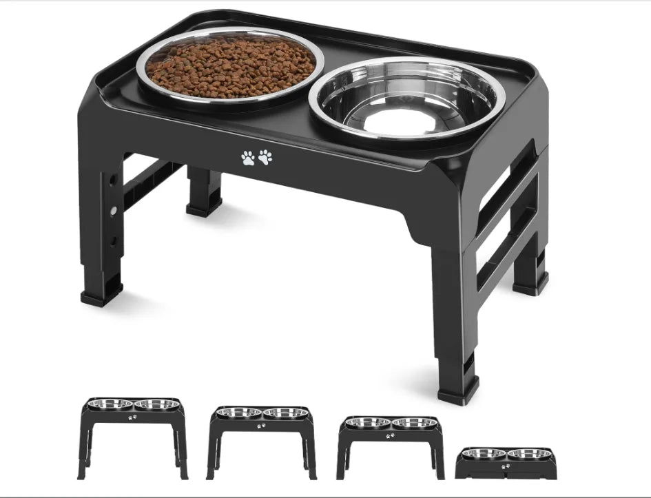 Adjustable Raised Dog Bowl Set – 2 Stainless Steel 50oz Bowls with Foldable Stand