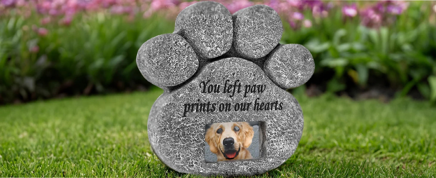 "You Left Paw Prints On Our Hearts" Pet Memorial Stone – Dog & Cat Grave Marker with Photo Frame Slot