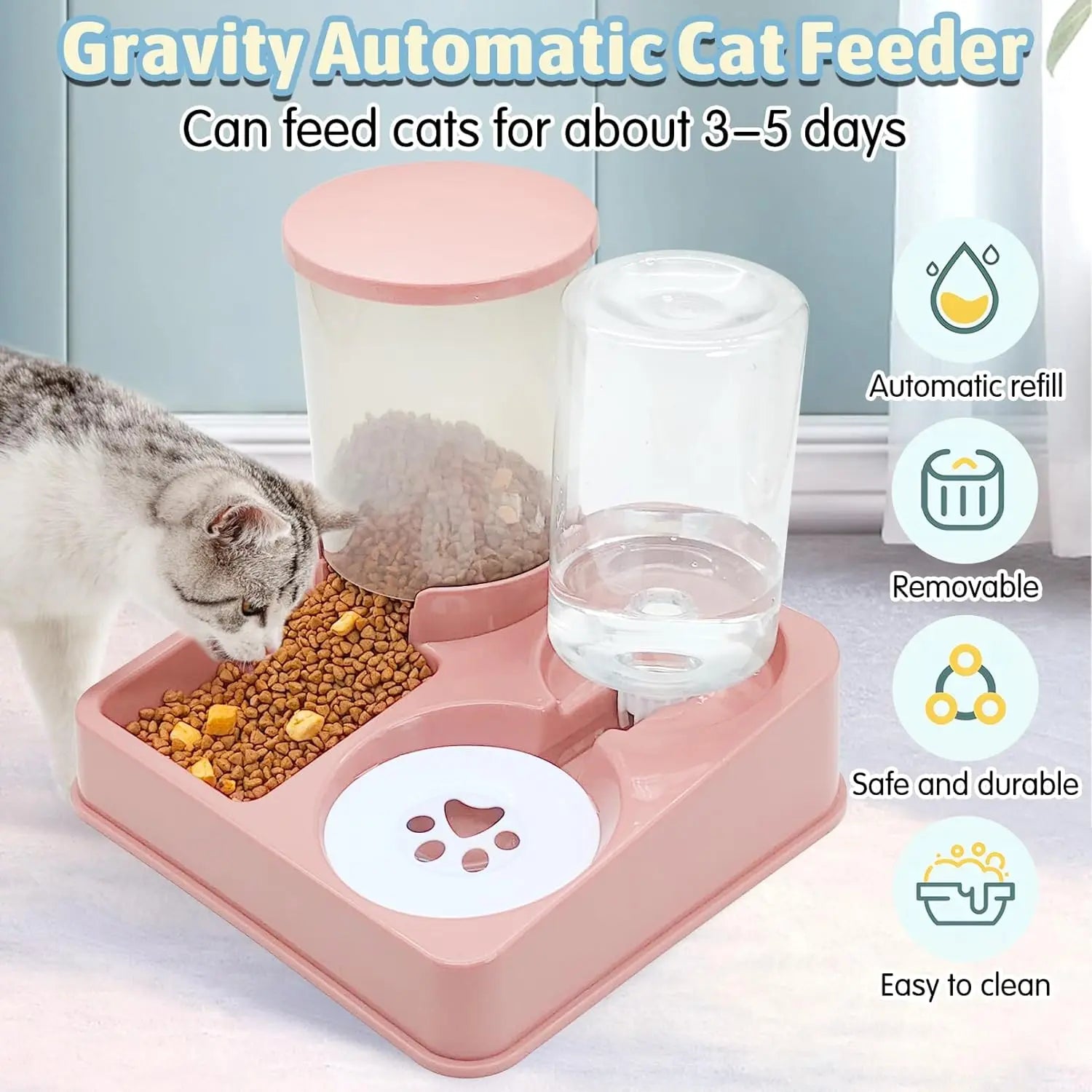 Automatic Cat Feeder & Water Dispenser – 2-in-1 Gravity Pet Food and Waterer with Tilted Bowl Design