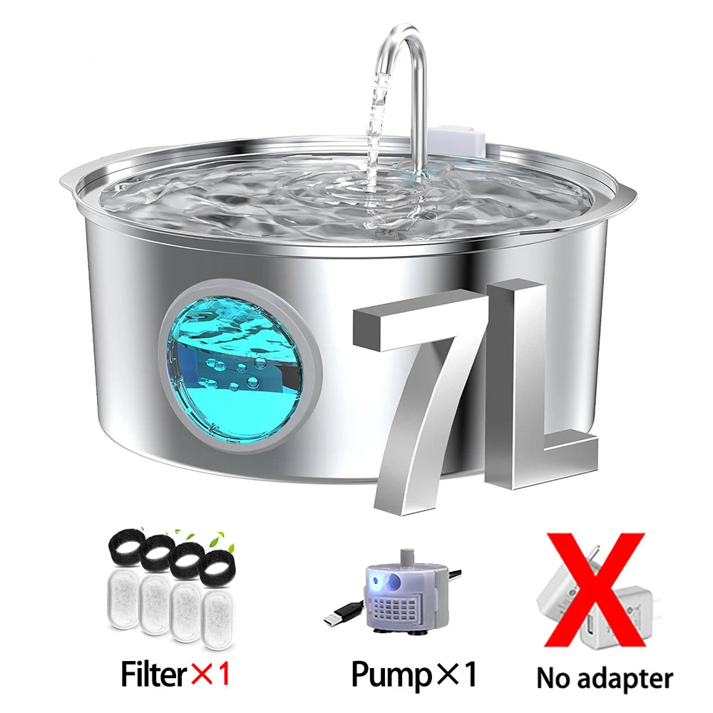 7L Stainless Steel Cat Water Fountain – Ultra-Quiet Automatic Pet Drinking Dispenser with Filter for Cats & Dogs
