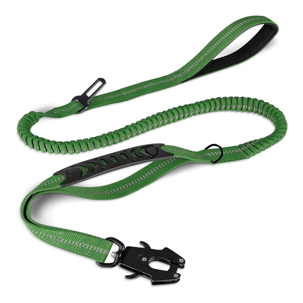 Reflective Shock-Absorbing Tactical Bungee Dog Leash with Car Seatbelt Clip – Heavy Duty No-Pull Leash for Large Dogs