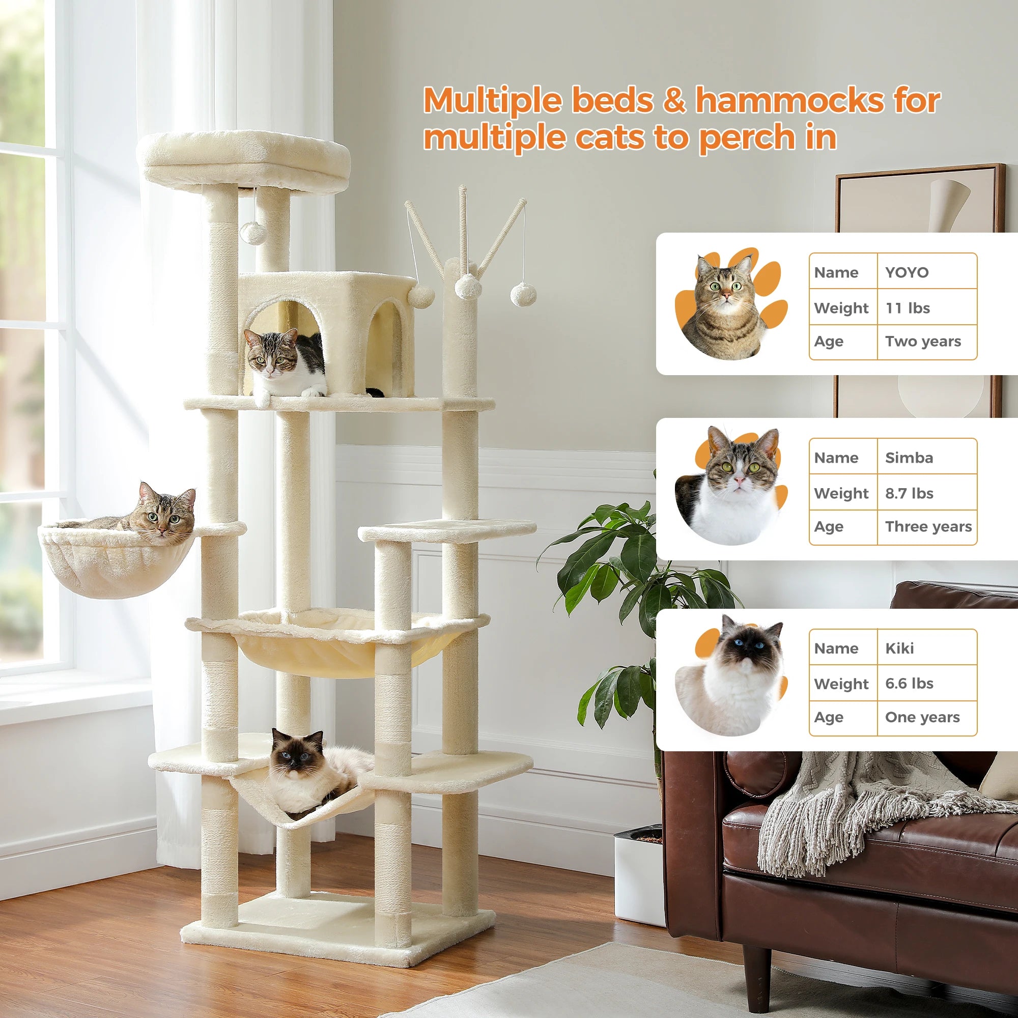 Large Multi-Level Cat Tree Tower – Tall Plush Indoor Cat Condo with Scratching Posts, Perches, Caves & Boards