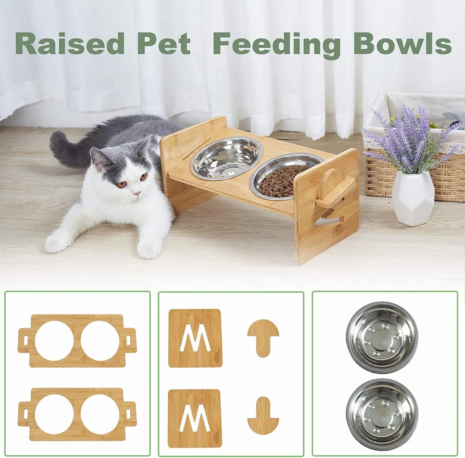Adjustable Wooden Raised Cat Bowls – Bamboo Stand with Stainless Steel Dishes