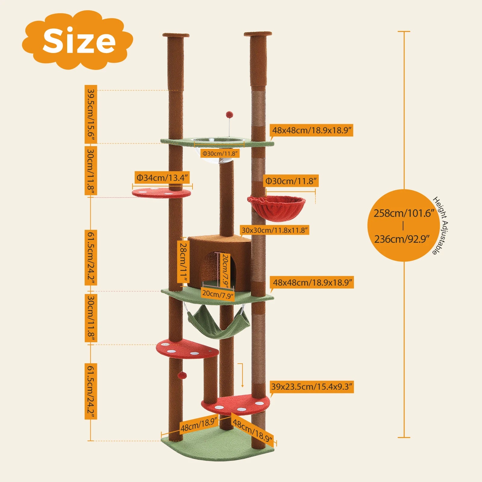 Adjustable Floor-to-Ceiling Cat Tree Tower – Tall Indoor Cat Furniture with Hammock, Cozy Condo & Sisal Scratching Posts