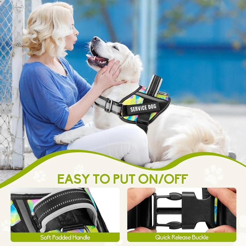Service Dog Harness & Leash Set – Reflective No Pull Training Vest with 10 Patches, Multi-Color, Sizes Small to XL