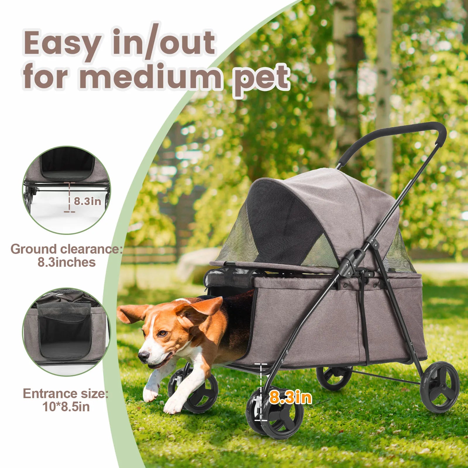 Wedyvko Luxury 80 lbs Pet Stroller – 4-Wheel Foldable Dog Stroller with Brakes, Dark Grey