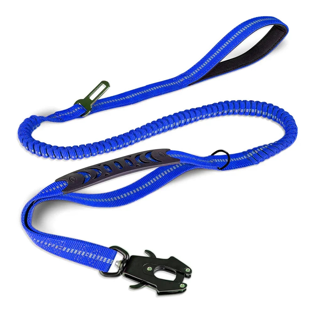 Reflective Shock-Absorbing Tactical Bungee Dog Leash with Car Seatbelt Clip – Heavy Duty No-Pull Leash for Large Dogs