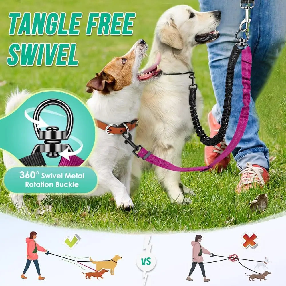 1.6ft Dual Dog Leash Attachment – Adjustable No-Tangle Bungee Coupler for Small to Large Dogs