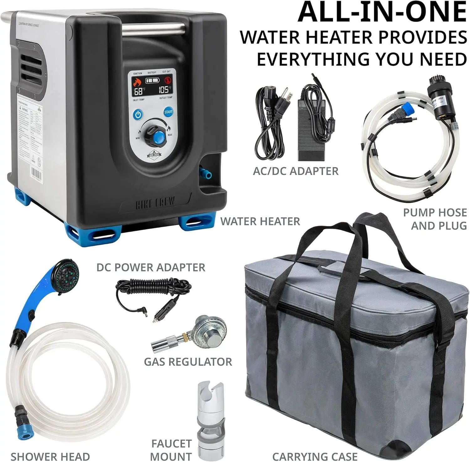 Portable Propane Water Heater & Shower Pump – Outdoor Hot Water System with LCD & Built-In Battery