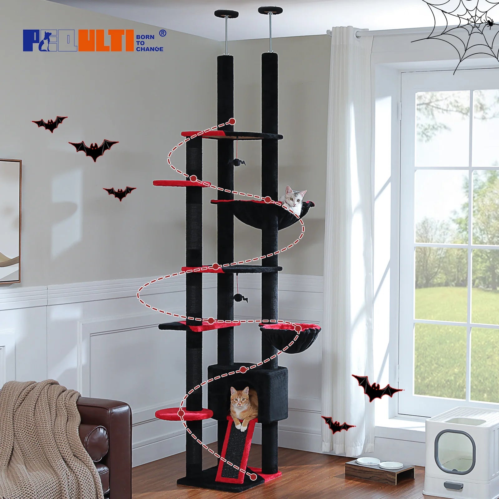 Adjustable Floor-to-Ceiling Cat Tree Tower – Tall Indoor Cat Furniture with Hammock, Cozy Condo & Sisal Scratching Posts