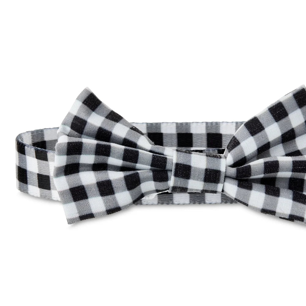 Gingham Bow Tie Dog Collar – Adjustable Medium Size Durable Polyester with Leash Attachment