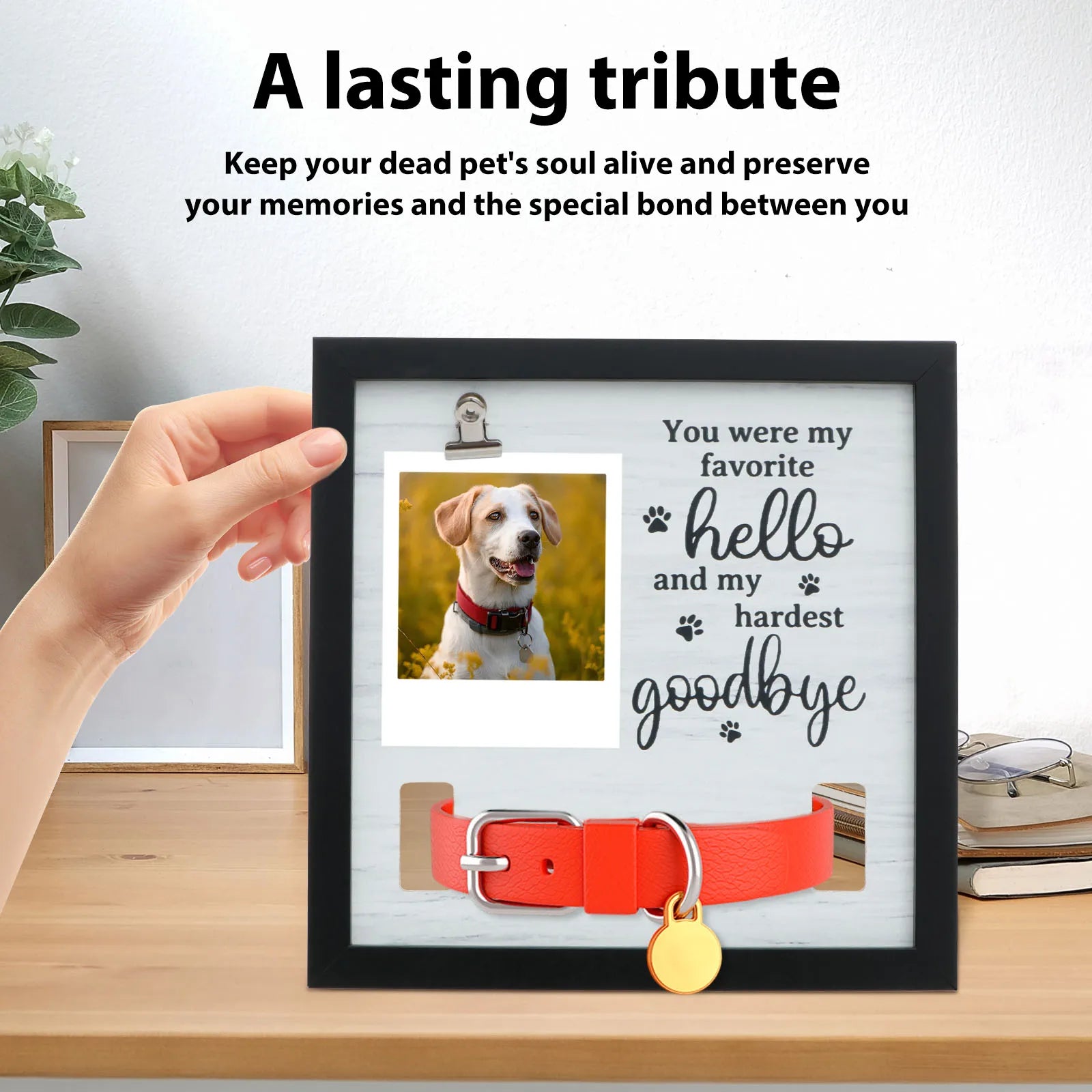Solid Wood Pet Memorial Photo Frame – Sympathy Gift for Dog & Cat Loss with Hanging Clip & Postcard Display