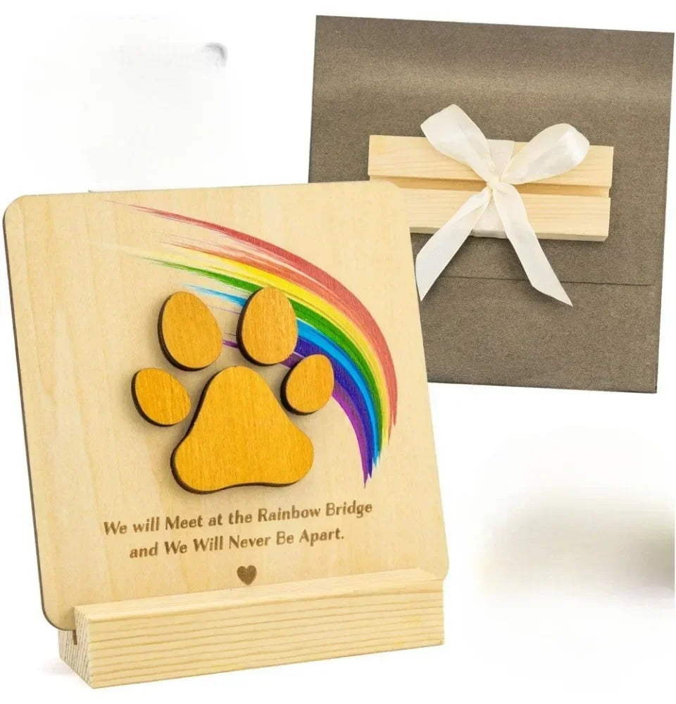 Rainbow Bridge Pet Sympathy Card – Wooden Dog Memorial Gift with Envelope, Keepsake Remembrance